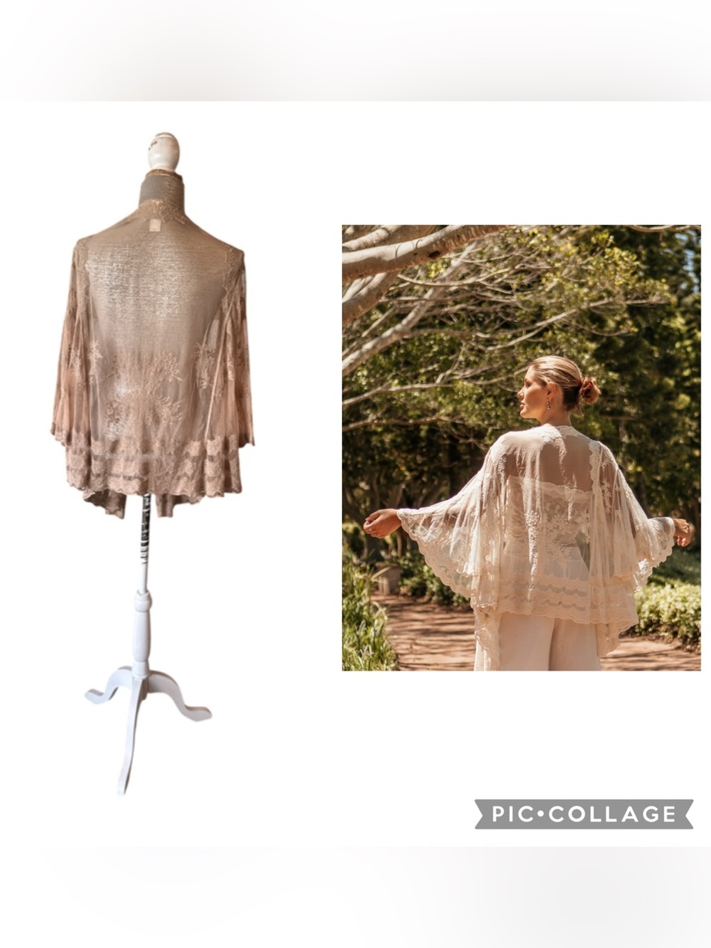Purity Lace Designs Adelle Kimono Latte Sheer Lace Boho Bell Sleeve Size OS - Picture 3 of 8